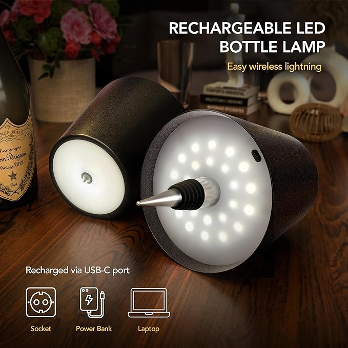Wireless Bottle Lamp for Any Type of Bottle - LED Bottle Lamp for Indoor & Outdoor - 100% Waterproof - Adjustable Brightness and Light Temperature 3000-6000K - Wireless & Rechargeable (Silver)