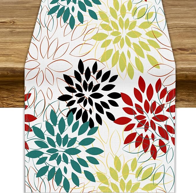 Abstract Red Dahlia Vintage Table Runner, Geometric Lines Mid Century Vintage Modern Colorful Table Runner for Party Kitchen Dining Living Room Laundry Room Decor, 13x90 Inch