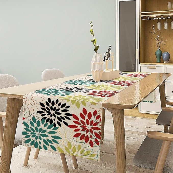 Abstract Red Dahlia Vintage Table Runner, Geometric Lines Mid Century Vintage Modern Colorful Table Runner for Party Kitchen Dining Living Room Laundry Room Decor, 13x108 Inch