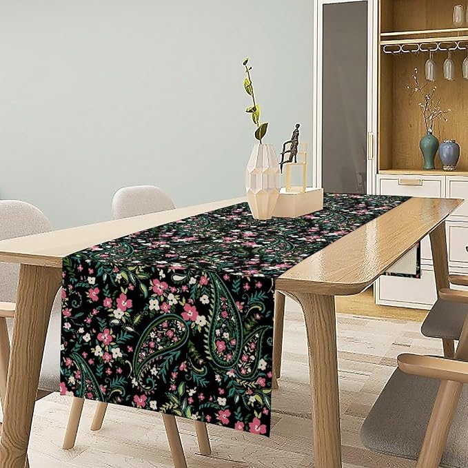Paisley Table Runner, Abstract Vintage Boho Pink Paisley Flowers Green Teal Leaves Print Table Runner for Dinning Holiday Party Indoor Outdoor Decor, 13x70inch