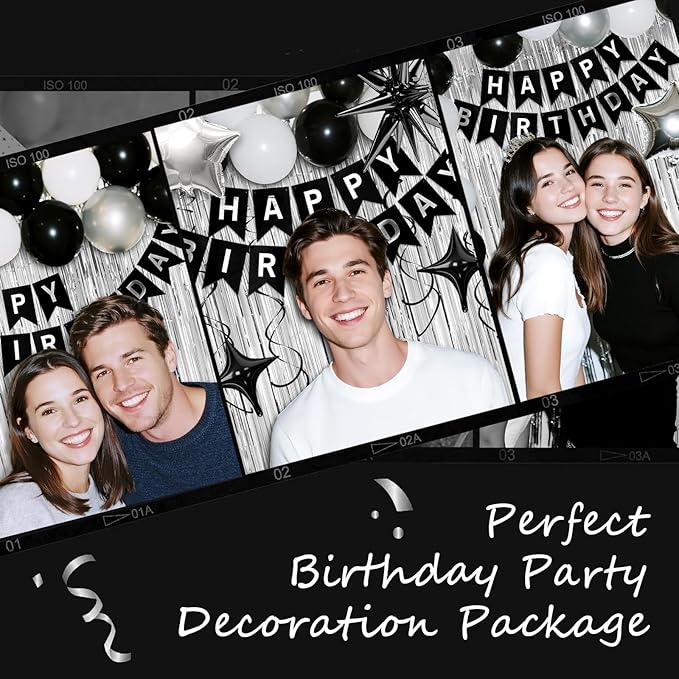 34th Birthday Decorations for Men Women, Black Silver Happy Birthday Party Decorations， 34 Year Old Party Supplies with Number 34 Balloons, Banner, Fringe Curtains Kit