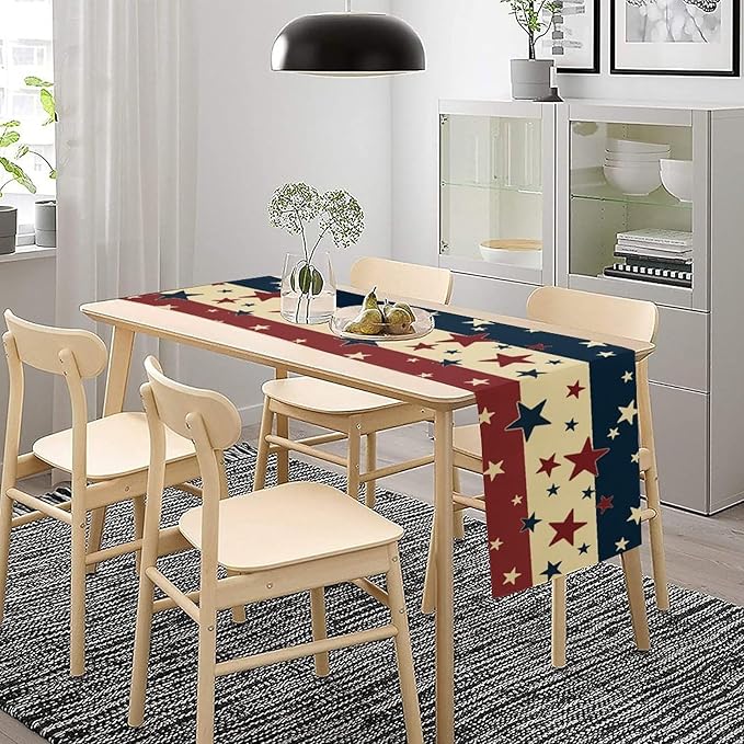 Memorial Day Table Runner, 4th of July American Patriotic Independence Day Stars Stripes Print Table Runne for Summer Holiday USA Home Decoration Party,13x70inch
