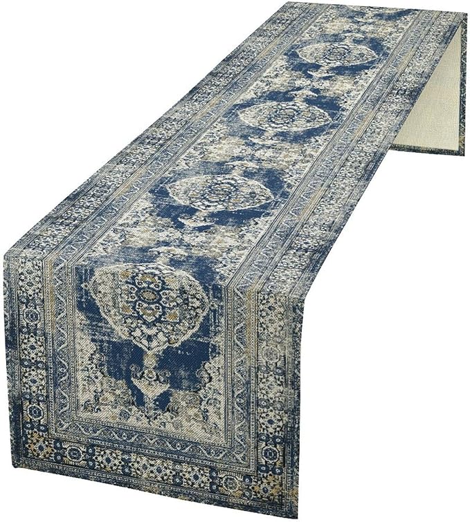 Vintage Boho Floral Table Runner, Rustic Country Farmhouse Blue Teal Retro Flower Pattern for Home Kitchen Table Decor Dining Coffee Room Party Decor 13x120in