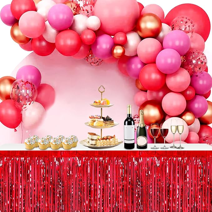 3 Pack 29x108 Inch Red Foil Fringe Table Skirts Metallic Banner for Tinsel Streamer Garland Backdrop for Parade Floats Wedding Thanksgiving Birthday Christmas Halloween Party Decoration