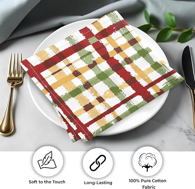 Cloth Napkins Set, Fall Plaid Cotton Dinner Napkins, 20x20 Inch Rectangular