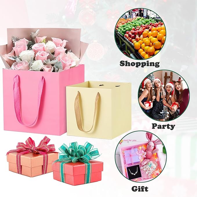 Gift Bags - Pink Square Bottom Paper Bags with Handles, 10 Pack, 10 x 10 Inch