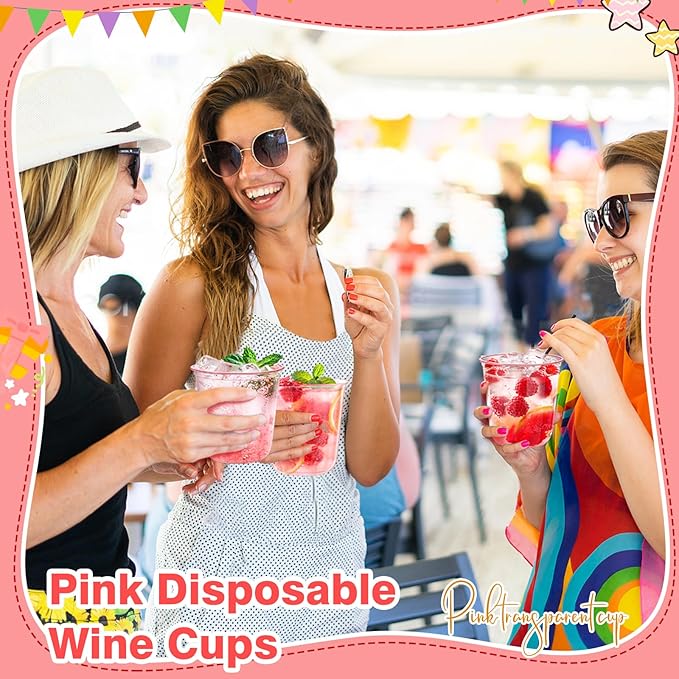 Cups 100 Count 12 oz Pink Disposable Plastic Wine Glasses