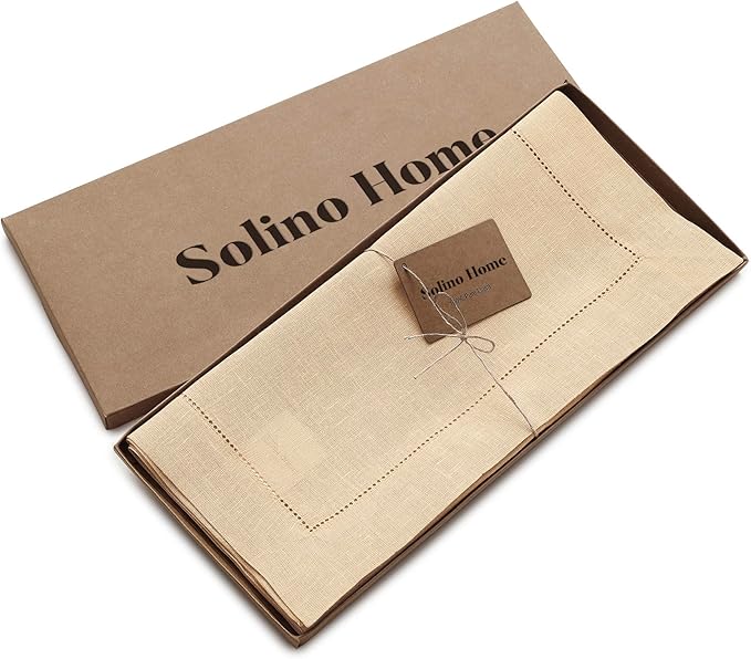 Solino Home Linen Table Runner 36 Inches - 100% Pure Linen Beige Hemstitch Table Runner 14 x 36 Inch Ideal for Dresser and Coffee Tables - Fall, Autumn, Thanksgiving, Christmas - Classic Hemstitch