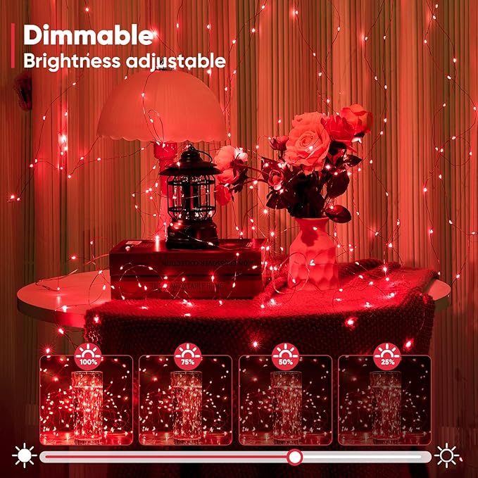 2 Pack 32.8 Ft. Battery Operated Outdoor String Lights with Remote & Timer, LED Red Fairy Lights, Waterproof Twinkle Lights for Bedroom, Dorm, Mason Jar, Wedding, Party, Christmas
