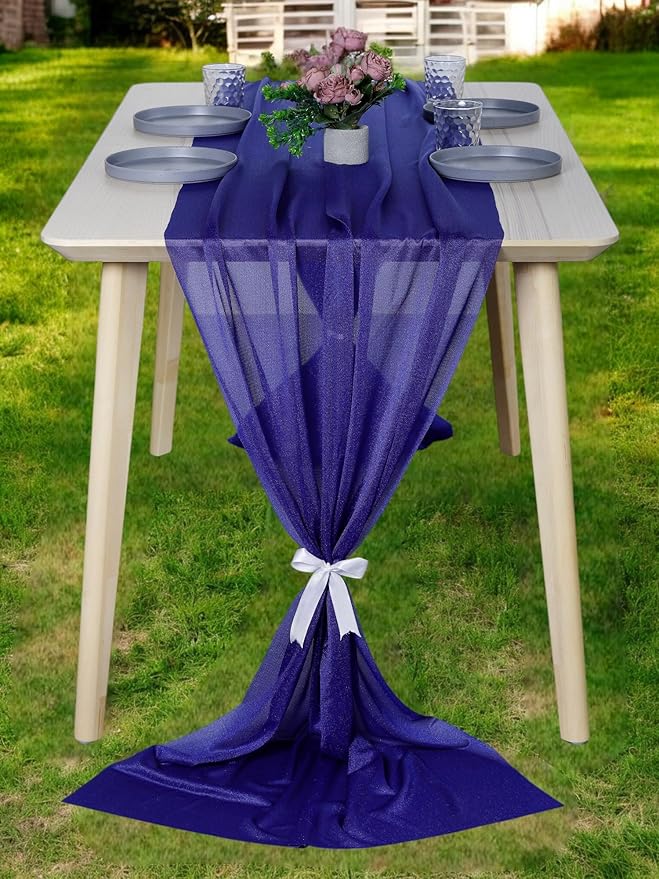 MDS 15 Pack 10ft Chiffon Table Runner 29 x 120 Inches Sheer Wedding Runner Romantic Rustic Table Runner for Wedding Decorations, Birthday Parties, Bridal Shower Party Arch Decor - Royal Blue