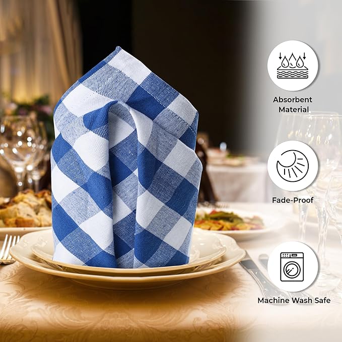 Cloth Dinner Napkins, Blue Checkered 100% Cotton, 20 x 20 Inch