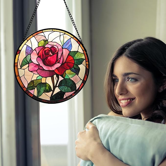 Stained Glass Window Hanging - Pink Rose Suncatcher for Door Garden Home Decor Birth Flower Sun Catcher Christmas Birthday for Friend Lovers Women Mom Nana 9.8 in