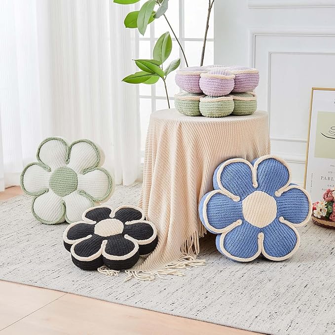 Flower Pillow, Soft Flower Decorative Throw Pillow, Cute Daisy Flower Shaped Seating Floor Cushion Room Décor Plush Pillows for Sofa Couch Bed (17.7 Inch, Black)