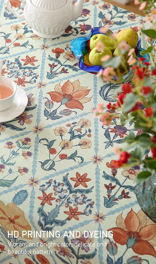 Square Tablecloth, 67 x 67 Inch, Linen Polyester Blend with Floral Print