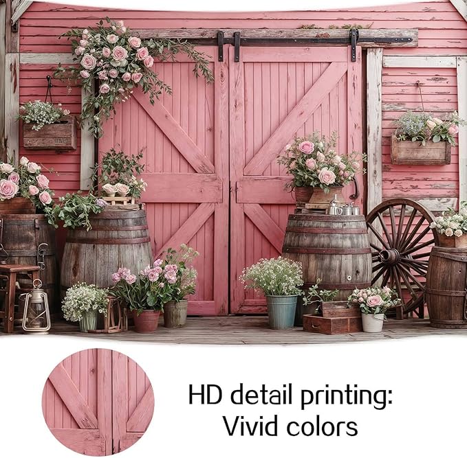 6x6ft Country Wedding Pink Photography Backdrop Rustic Wooden Barn Door Photography Backdrop Farmhouse Flower Western Girl Birthday Baby Shower Wedding Bridal Party Banner Photo Booth Props Background