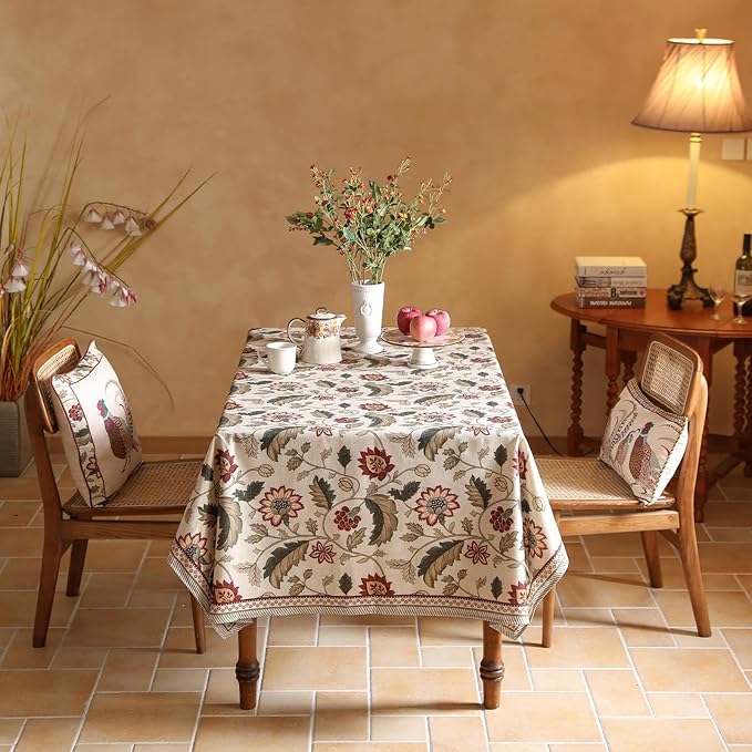 Tablecloth, 67 x 67 Inch Square Floral Linen-Polyester Blend