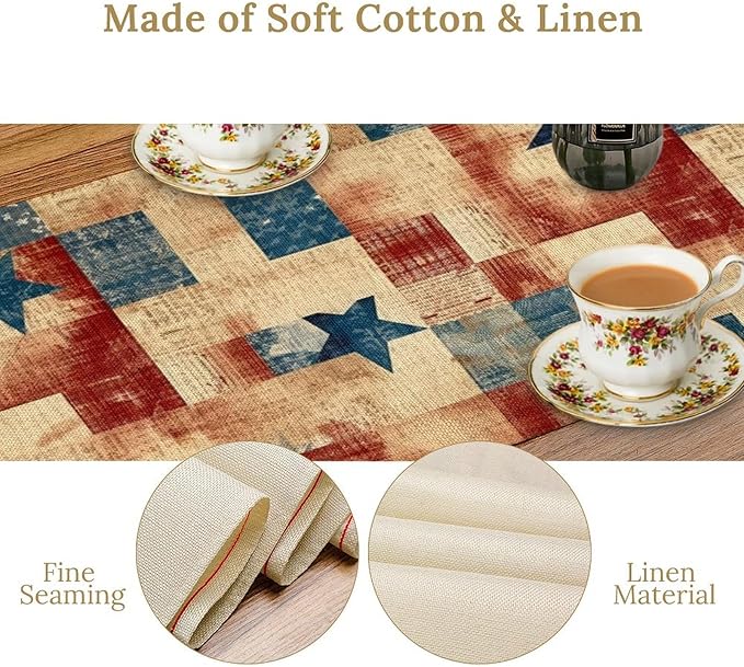 4th of July Table Runner, Rustic Vintage Country Red White Blue American Stars Independence Day Print Table Cover for Farmhouse Kitchen Dining Table Decor, 13x70inch