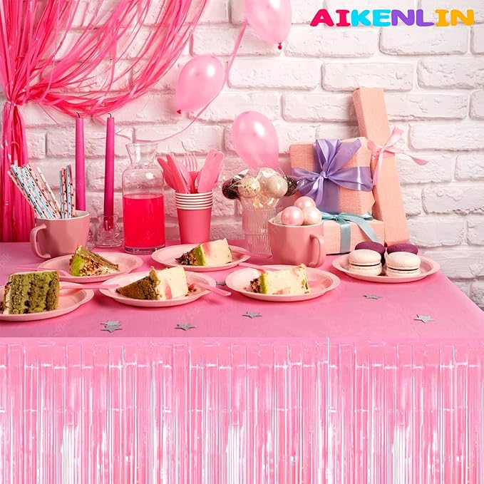 6 Pack 29x108 Inch Metallic Foil Fringe Tinsel Table Skirts Banner for Rectangle Tables Streamer Garland Curtains Backdrop for Birthday, Parade Floats, Valentine's Day Party Decoration(Macaron Pink)