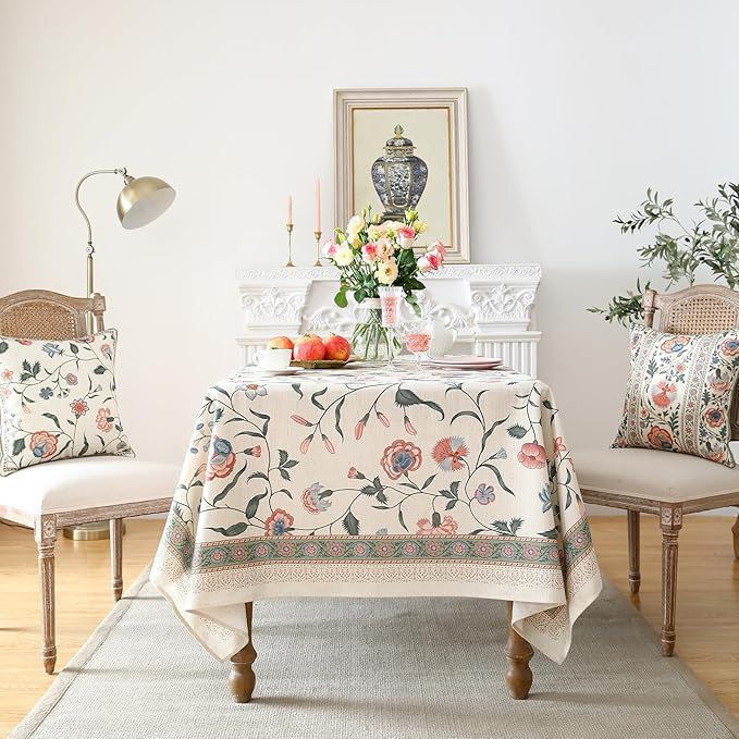 Square Tablecloth 67 x 67 Inch Linen Blend Floral Print