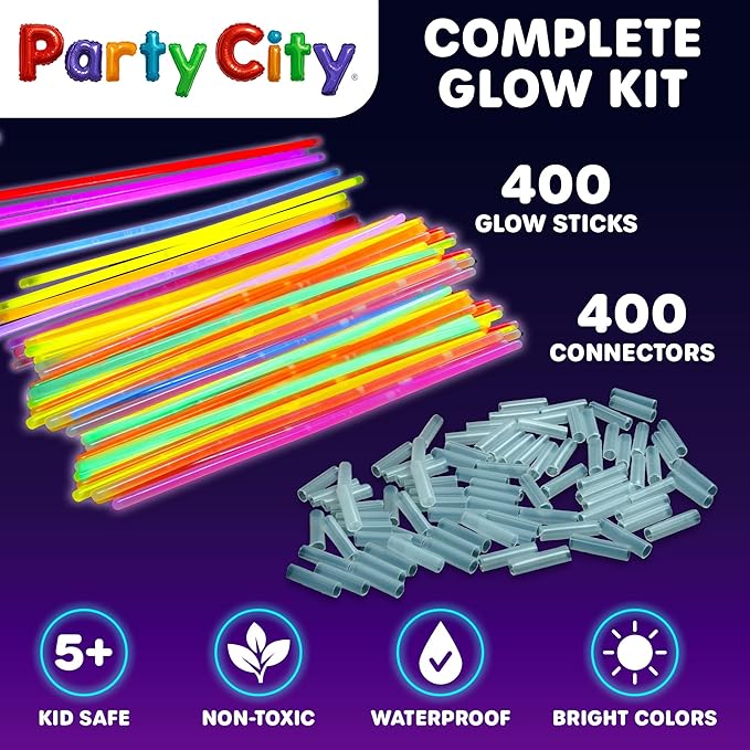 Party City 400 Glow Sticks Bulk Party Pack 8”– Neon Glow in the Dark Party Supplies, Glowsticks with Connectors Bracelets & Necklaces, Light Up Favors for Kids, Adults, Birthdays, Parties, Decorations