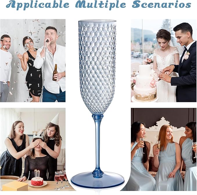 Champagne Glasses, Blue Plastic 5.5 Oz Detachable 2-Piece Flutes