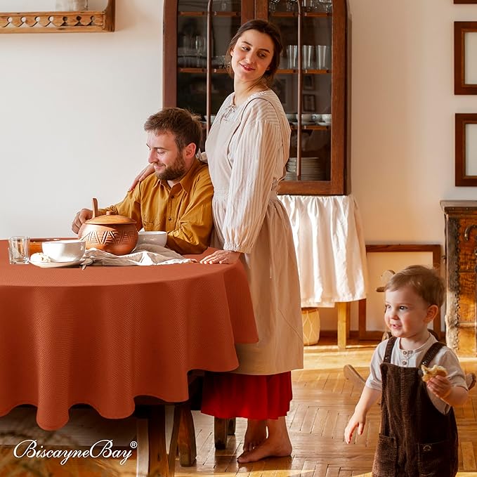 Biscaynebay Fall Tablecloth Textured Fabric Round Table Cloth 60" for Tables diameters from 28" to 48", Rust Thanksgiving Autumn Harvest Water Resistant Fabric Table Cover for Kitchen, Dining, Parties