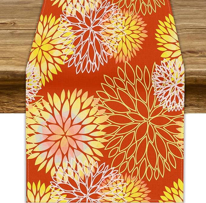 Yellow Floral Table Runner, Chrysanthemum Autumn Spring Summer Vintage Modern Linen Geometric Table Runner for Kitchen Living Room Bedroom Party Holiday, 13x120 Inch