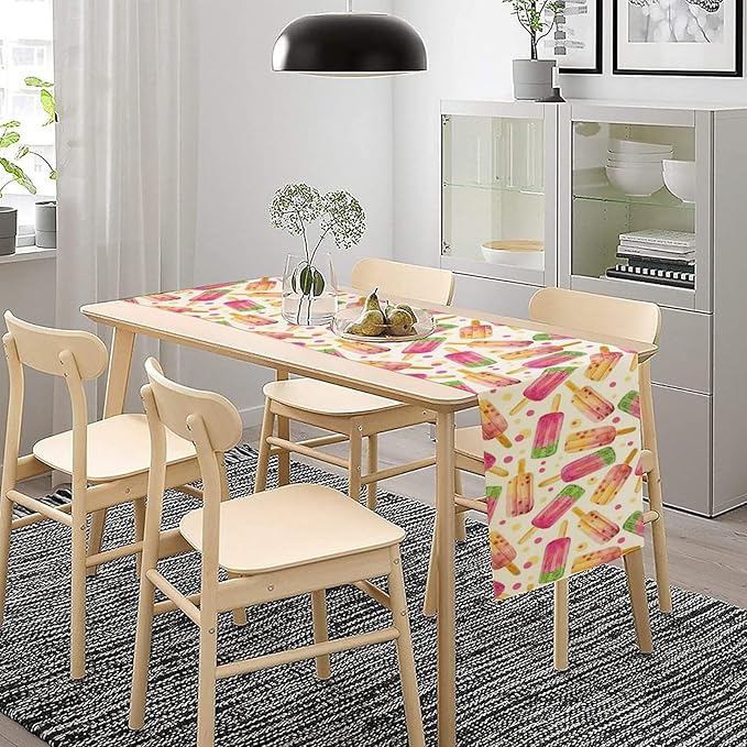 Ice Cream Popsicles Table Runner, Watercolor Summer Seasonal Fruit Peach Kiwi Berry Popsicles Orange Pink Sweet Dessert Dinner Runner for Party Holiday Home Kitchen Dining Table Decor 13"x36"