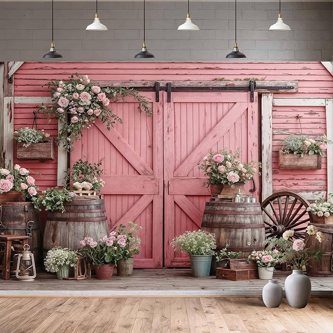 10x8ft Country Wedding Pink Photography Backdrop Rustic Wooden Door Photography Backdrop Farmhouse Flower Western Girl Birthday Baby Shower Wedding Bridal Party Banner Photo Booth Props Background