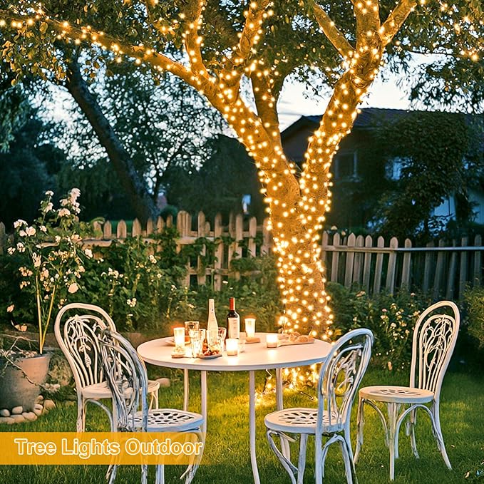 String Lights, 168 ft Warm White LED Outdoor Lights with Remote and Timer