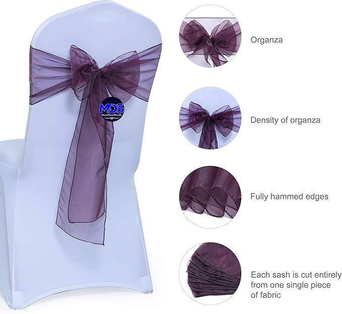 MDS Pack of 10 PCS Organza Chair Sashes Wider Dining Chair Bows Ribbon Tie Back for Wedding Party Birthday Bridal Shower Reception Event Banquet Home Chair Cover Decoration - Plum