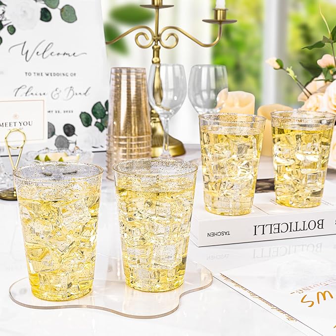 Disposable Cups, 12 oz Gold Glitter Plastic Party Tableware
