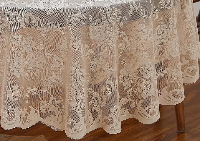 LinenZone Linen Oval Tablecloth for Rustic Vintage Decor. Sheer Lace Tablecloth Works Great As Wedding, Thanksgiving or Christmas Decor (Mia Oval 104, Linen)