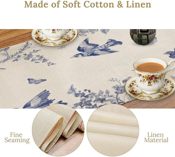 Monochrome Sketch Flowers Bird Table Runner, Seasonal Spring Fall Plants Blue Florals Dinner Runner for Home Kitchen Dining Table Party Holiday Decoration 13"x120"