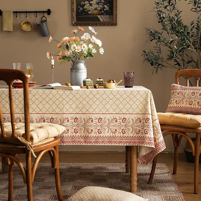 Rectangular Floral Tablecloth, 55 x 87 Inch Linen-Polyester Blend, Yellow
