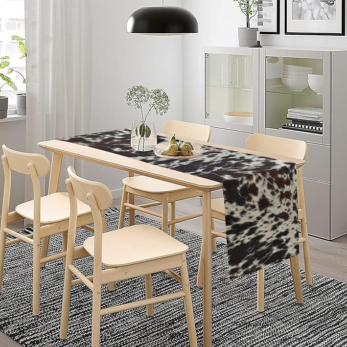Cow Print Table Runner, Country Farm Animal Fur Skin Pattern Western Style Black Brown Cowhide Print Dinner Runner for Home Kitchen Dining Home Setting, 13x60 Inch