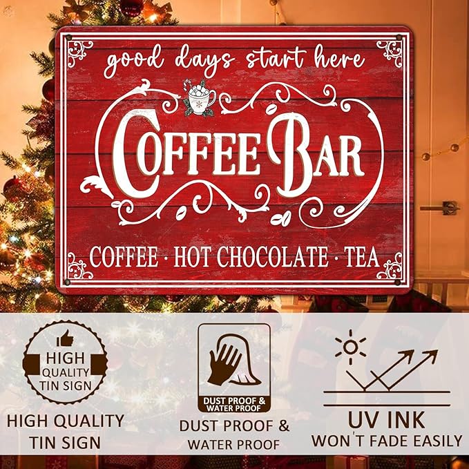 Vintage Christmas Coffee Bar Tin Sign - Kitchen Decor - Tea Bar Accessories - Hot Chocolate - Retro Tin Sign - Home Coffee Corner Decor - 12x16Inch