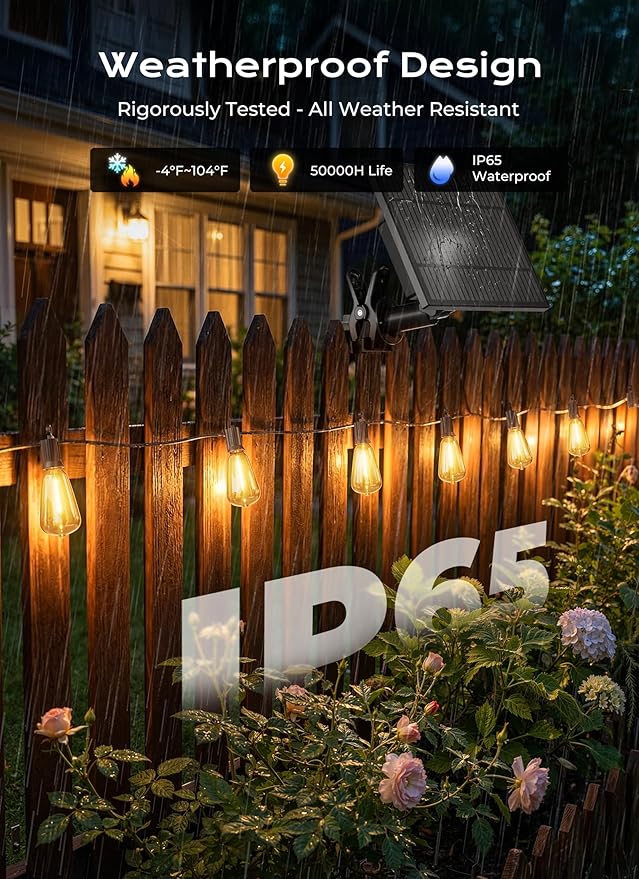 String Lights, 202 Ft Solar Strand with 65 Shatterproof LED Bulbs