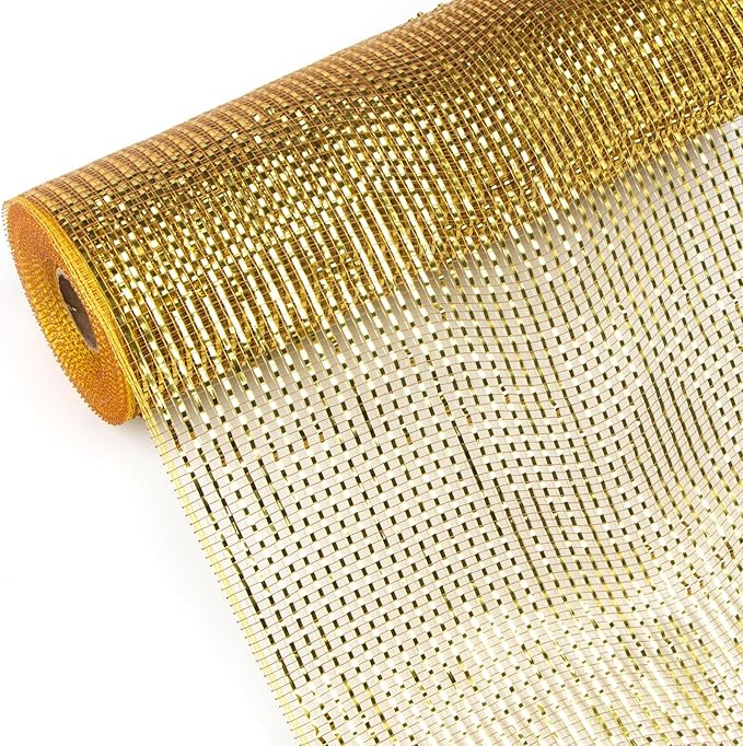 Ribbli 2 Rolls Gold Metallic Mesh Ribbon Gold Deluxe Foil Christmas Ribbon for Christmas Tree Wreath Swags Wedding Garland 10 inch x 30 feet(10Yard) Per Roll