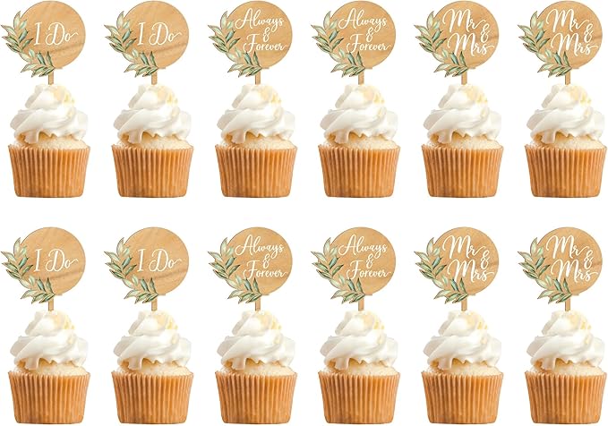 Non-Edible Wood Wedding Cake Topper Set, 12 Cupcake Toppers, Green Leaves