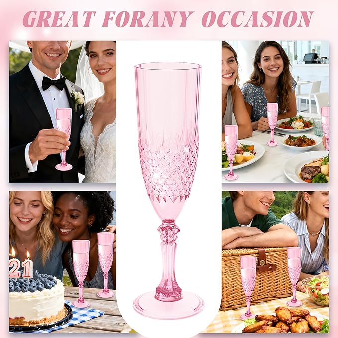 Plastic Champagne Flutes, 12PCS Pink Wine Glasses Goblets Cups Reusable Flute, for Weddings Bachelor Parties Toasting and Events(12, Pink)