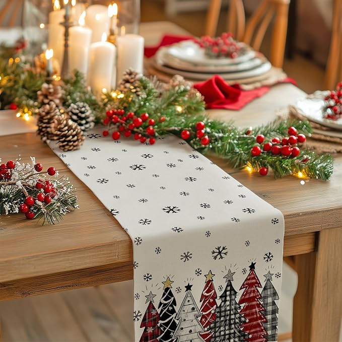 GEEORY Christmas Table Runner 13x90 Inch, Xmas Tees Snowflakes Holiday Decorative Farmhouse Table Decoration for Kitchen Dinning, Indoor Outdoor Dinner Party Decor ((Red & Black) GT165-90