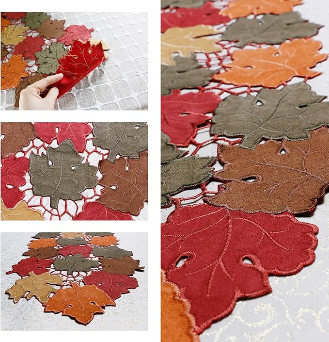 OWENIE Fall Table Runner 36 Inches Long, Short Small Thanksgiving Table Runner for Coffee Table, Embroidered Cutwork Harvest Leaves Autumn Farmhouse Kitchen Decorations , 13 x 36 Inches