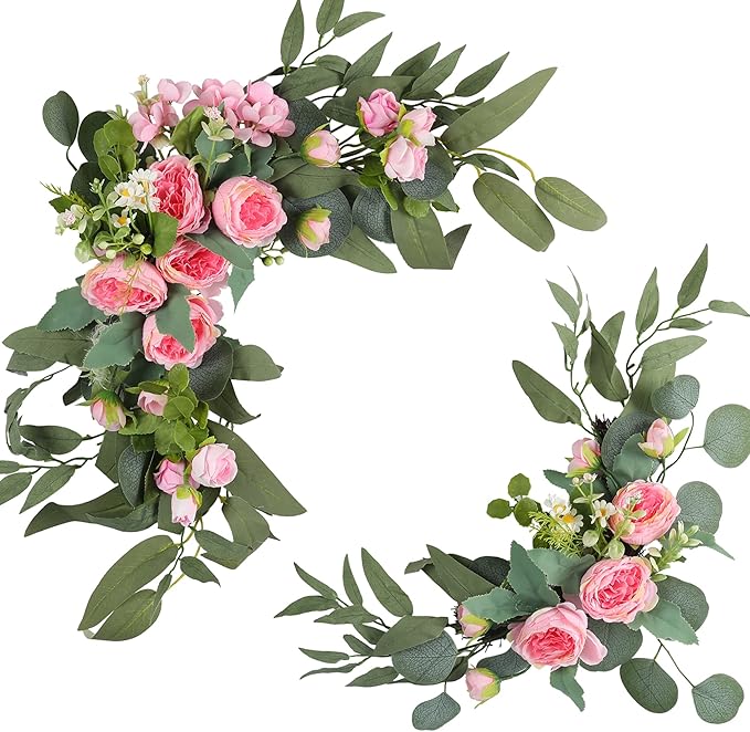 Artificial Flowers Pink Peony Wedding Arch Swag, Green Leaves