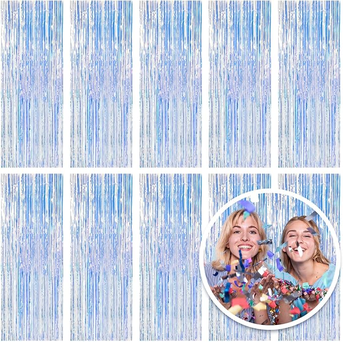 10 Pack Foil Curtain Backdrop Iridescent Metallic Tinsel Foil Fringe Curtains Photo Booth Props for Birthday Wedding Engagement Baby Shower Bachelorette Christmas Holiday Celebration Party Decoration