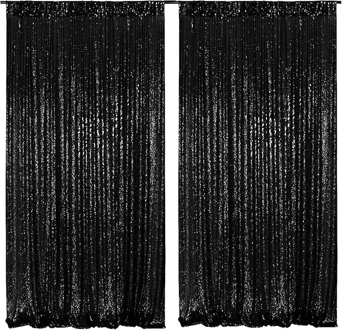 Backdrop Curtain with Black Sequins, 120 x 120 Inch, Pack of 2