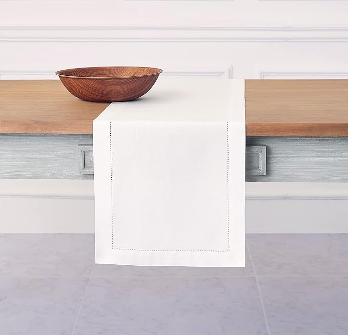 Solino Home White Table Runner 120 Inches Long - Cotton Linen Hemstitch 14 x 120 Inch Table Runner for Dining, Fall, Autumn, Halloween, Thanksgiving, Christmas, Holiday