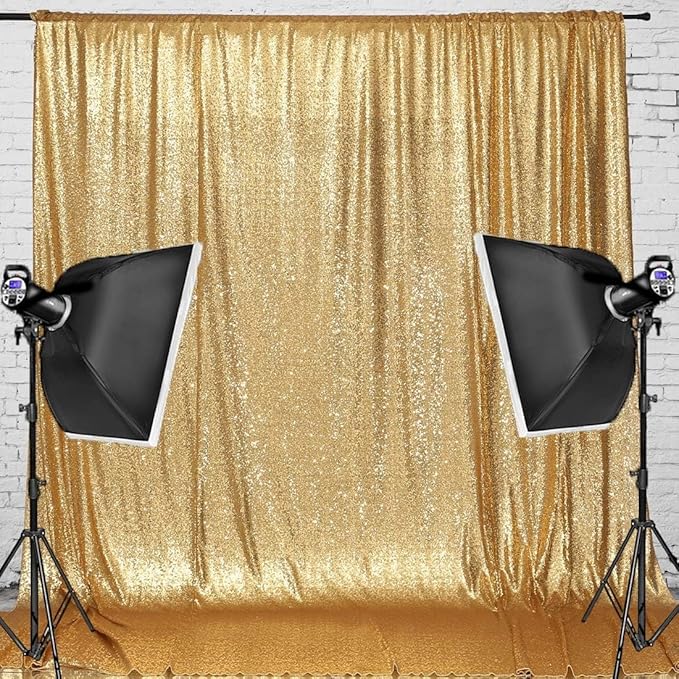 Gold Sequin Backdrop Curtain, 10ft x 10ft, Satin-Backed, Light-Blocking