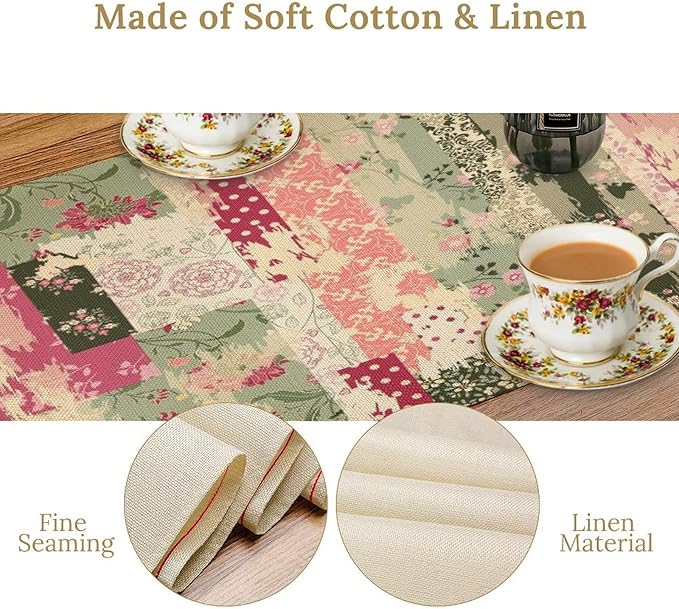 Patchwork Flower Table Runner,Abstract Colorful Floral Retro Style Hand Drawn Tablecloth Burlap for Hotel Indoors Outdoor Dining Room Kitchen Home Decor,W13X L90 in