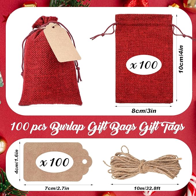 Gift Bags, 100 Burgundy Burlap Drawstring Pouches with Kraft Tags